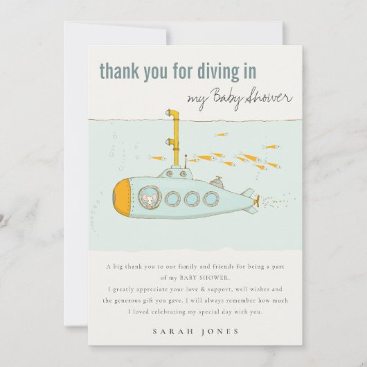 Cute Dive in onderwateronderzeeër Baby shower Bedankkaart (Voorkant)