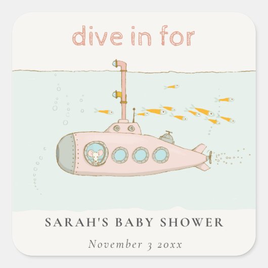 Cute Dive in onderwateronderzeeër Baby shower Vierkante Sticker (Voorkant)