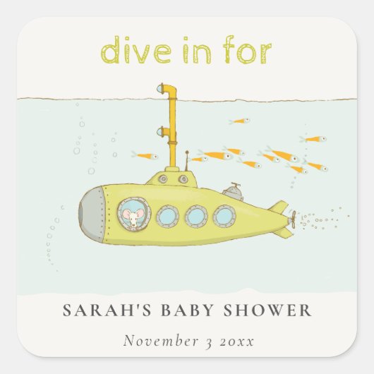 Cute Dive in onderwateronderzeeër Baby shower Vierkante Sticker (Voorkant)