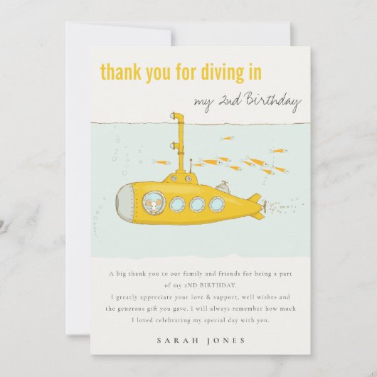 Cute Dive in underwater submarine Yellow Birthday Bedankkaart (Voorkant)