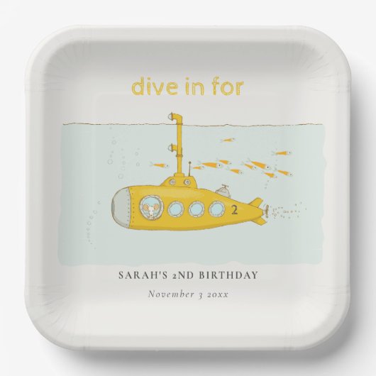 Cute Dive in underwater submarine Yellow Birthday Papieren Bordje (Voorkant)