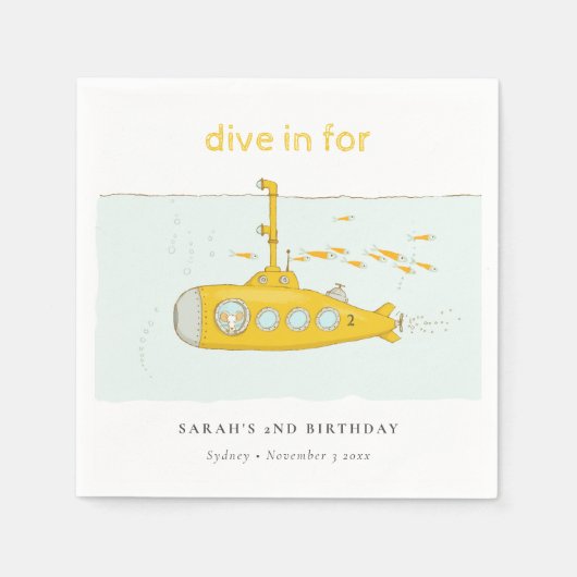 Cute Dive in underwater submarine Yellow Birthday Servet (Voorkant)