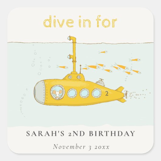 Cute Dive in underwater submarine Yellow Birthday Vierkante Sticker (Voorkant)