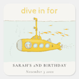 Cute Dive in underwater submarine Yellow Birthday Vierkante Sticker