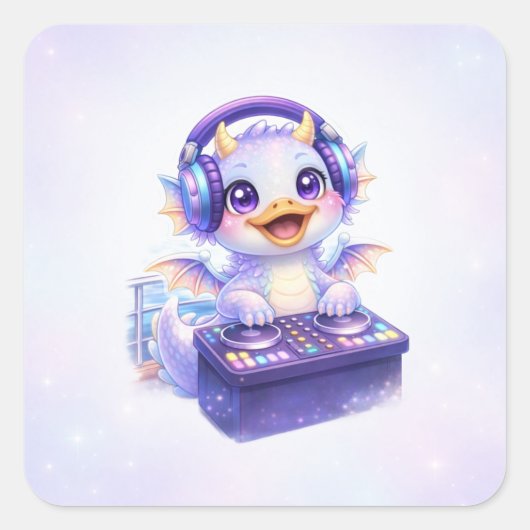 Cute DJ Dragon Vierkante Sticker (Voorkant)