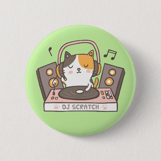 Cute DJ Scratch Kitty Cat Knop Ronde Button 5,7 Cm (Voorkant)