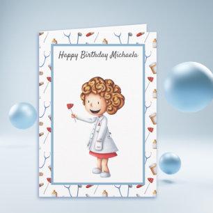 Cute Doctor Girl Illustrated en Pattern Birthday Kaart