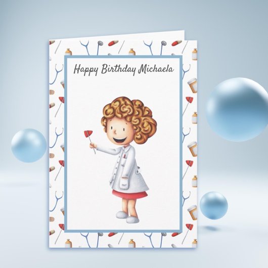 Cute Doctor Girl Illustrated en Pattern Birthday Kaart