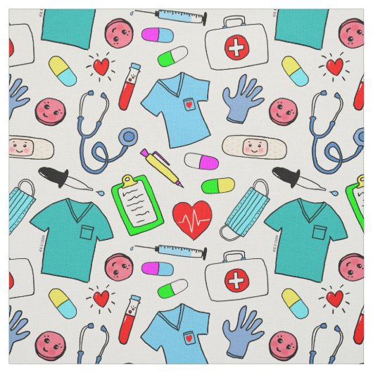 Cute Doctor Nurse Medical Supply Pattern Stof (Swatch)