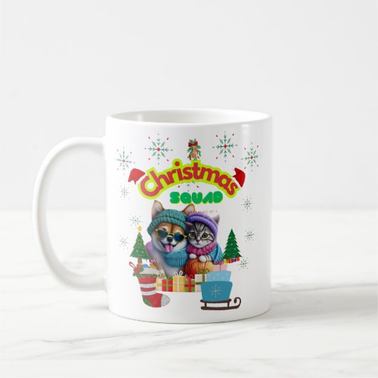 Cute dog and cat Christmas squad design  Koffiemok (Links)