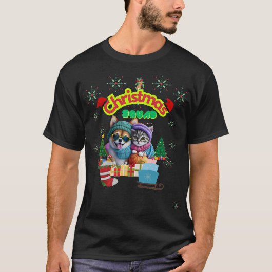 Cute dog and cat Christmas squad design T-shirt (Voorkant)