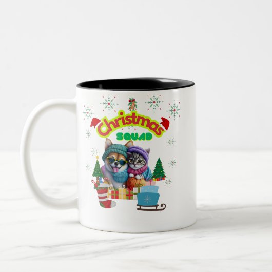 Cute dog and cat Christmas squad design Tweekleurige Koffiemok (Links)