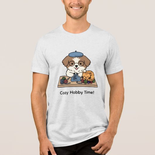 Cute Dog and Cat Knitting Together Graphic Design Tri-Blend Shirt (Voorkant)