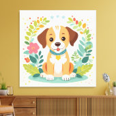 Cute Dog And Colorful Flowers Kids Canvas Afdruk (Insitu (Woonkamer))