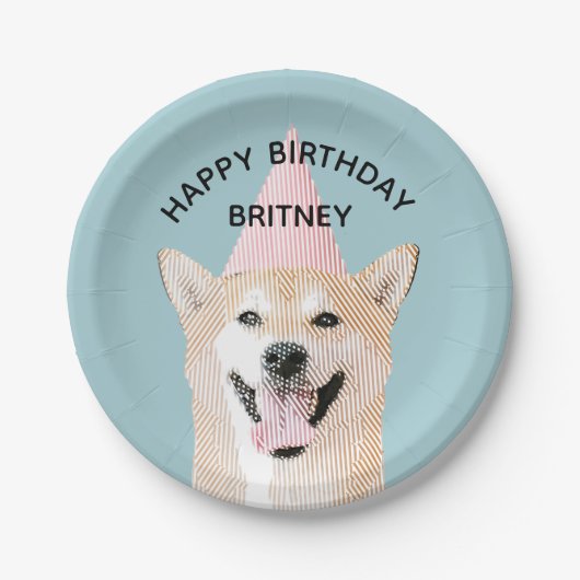Cute Dog Birthday Kawaii glimlachend Shibu Inu Blu Papieren Bordje (Voorkant)