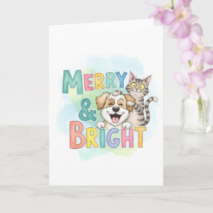 Cute Dog & Cat Merry & Bright Holiday Greetings Kaart