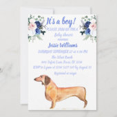 Cute Dog Dachshund Floral Blue Weiner Baby Boy Kaart (Voorkant)