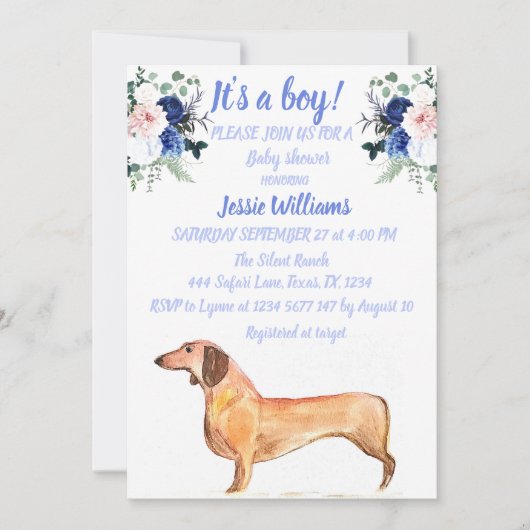Cute Dog Dachshund Floral Blue Weiner Baby Boy Kaart (Voorkant)