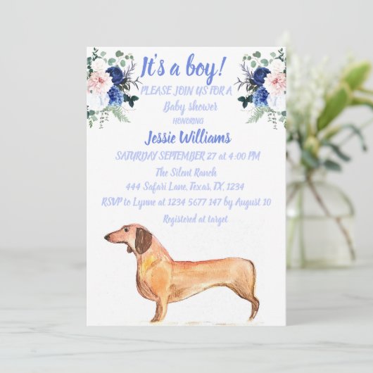 Cute Dog Dachshund Floral Blue Weiner Baby Boy Kaart (Staand voorkant)
