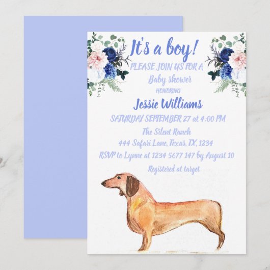 Cute Dog Dachshund Floral Blue Weiner Baby Boy Kaart (Voorkant / Achterkant)