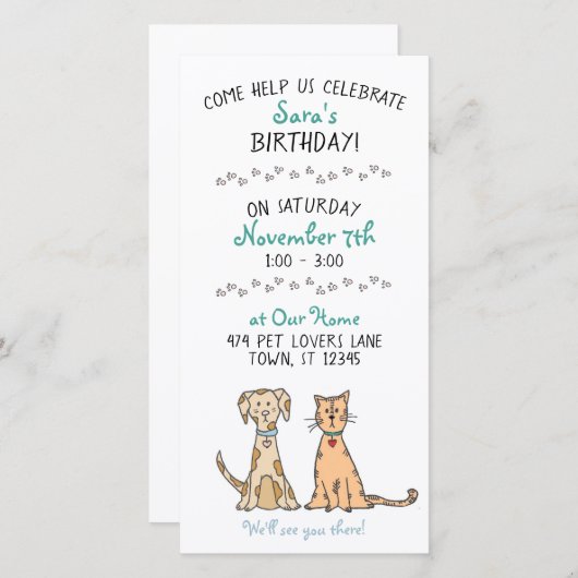 Cute Dog en Cat Birthday Invitation (Voorkant / Achterkant)
