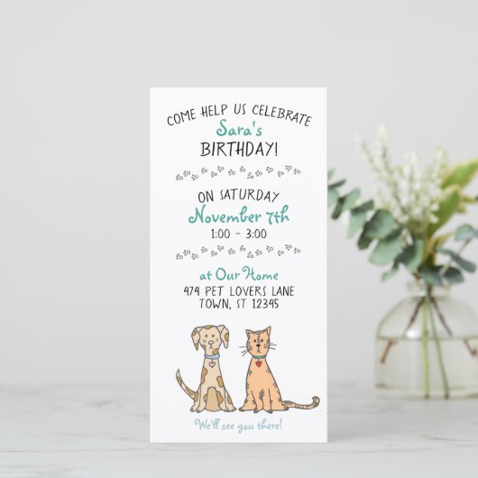 Cute Dog en Cat Birthday Invitation (Staand voorkant)