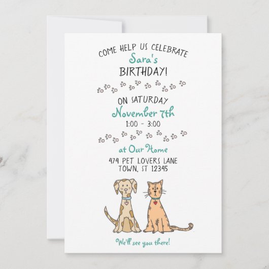 Cute Dog en Cat Birthday Invitation Kaart (Voorkant)