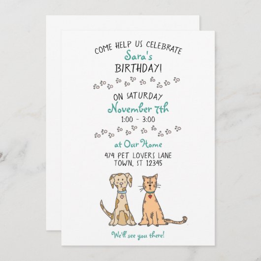 Cute Dog en Cat Birthday Invitation Kaart (Voorkant / Achterkant)