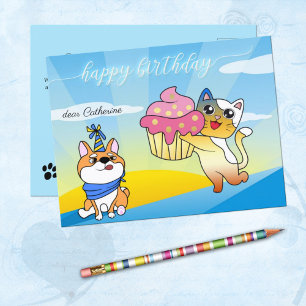 Cute Dog en Cat Lover Cartoon Birthday Briefkaart