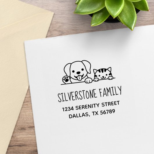 Cute Dog en Tabby Cat Peeking Family Address Rubberstempel