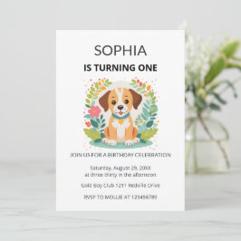Cute Dog Floral Kids First Birthday  Kaart