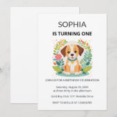 Cute Dog Floral Kids First Birthday Kaart (Voorkant / Achterkant)