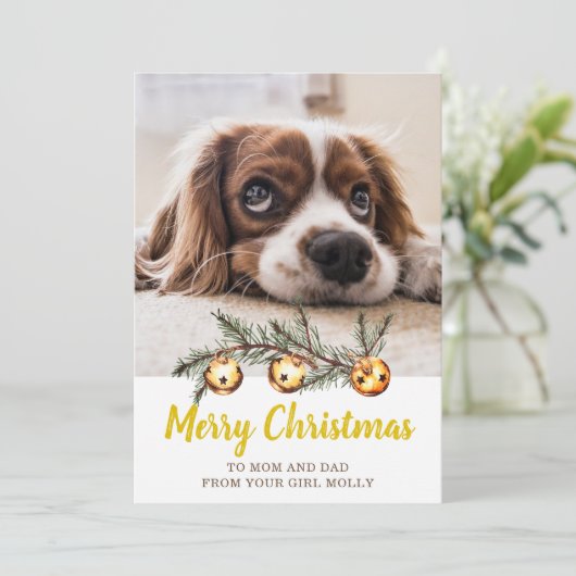 Cute Dog Foto Merry Kerstmis papa Gold Feestdagenkaart (Staand voorkant)