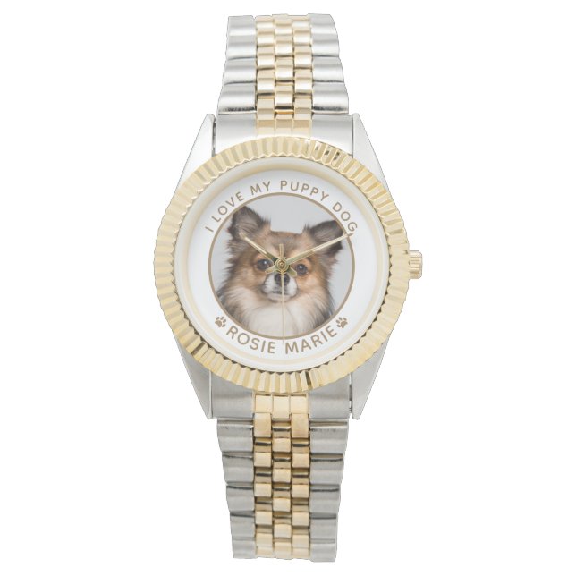 Cute Dog Foto Name Gold Paw Prints - Aangepast Horloge (Voorkant)