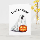 Cute Dog in Ghost Costume Halloween Wenskaart Kaart (Gele Bloem)