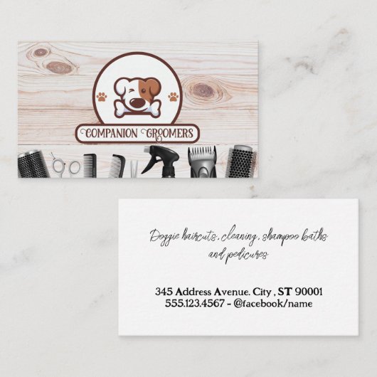 Cute Dog met bot | Hout | Groomgereedschap Visitekaartje (Voorkant / Achterkant)