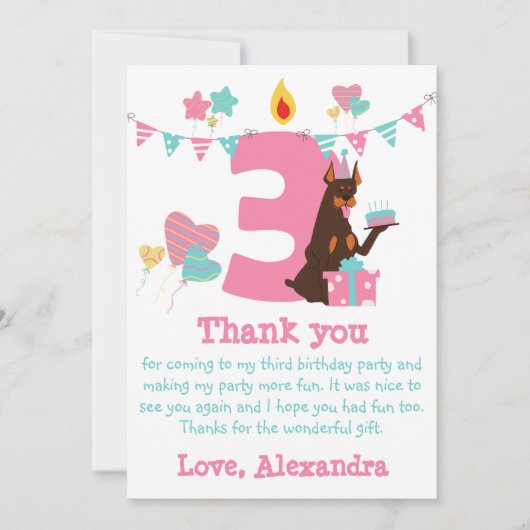 Cute dog met cake naast nummer drie verjaardag bedankkaart (Voorkant)