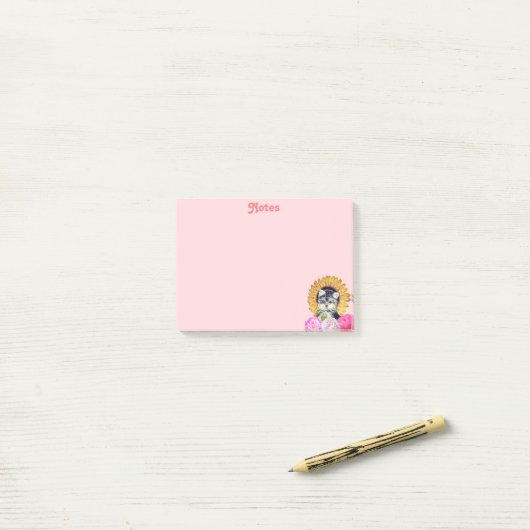 Cute Dog met Flowers op Roze Post-it® Notes (Op bureau)