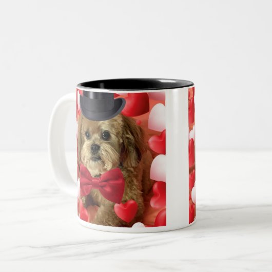 Cute dog met harten Valentijn Tweekleurige Koffiemok (Voorkant links)