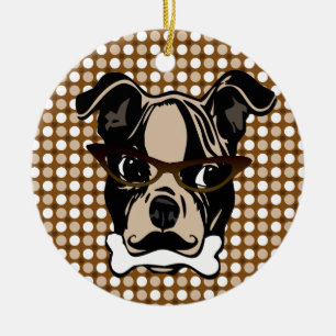 Cute Dog met Mustache, Eyeglassen en Bot in de mon Keramisch Ornament