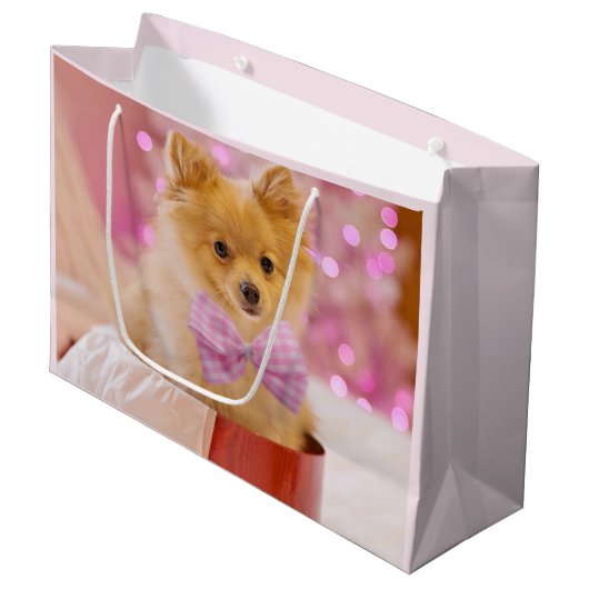 Cute Dog met Roze Bow-kerstfoto Groot Cadeauzakje (Voorkant Gekanteld)