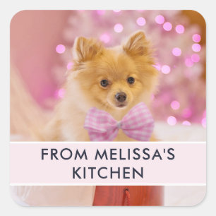 Cute Dog met Roze Bow-kerstfoto Keuken Vierkante Sticker
