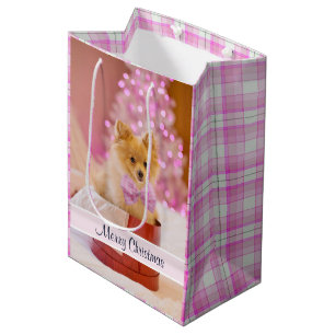 Cute Dog met Roze Bow-kerstfoto Medium Cadeauzakje