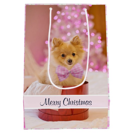 Cute Dog met Roze Bow-kerstfoto Medium Cadeauzakje (Achterkant)