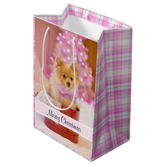 Cute Dog met Roze Bow-kerstfoto Medium Cadeauzakje (Achterkant Gekanteld)