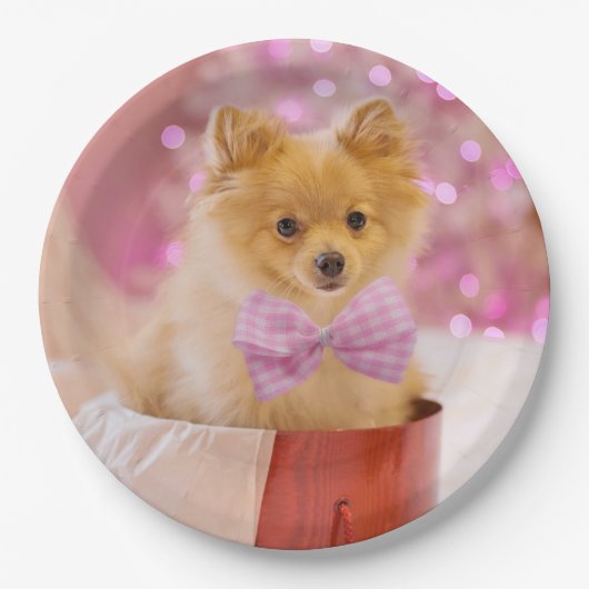 Cute Dog met Roze Bow-kerstfoto Papieren Bordje (Voorkant)