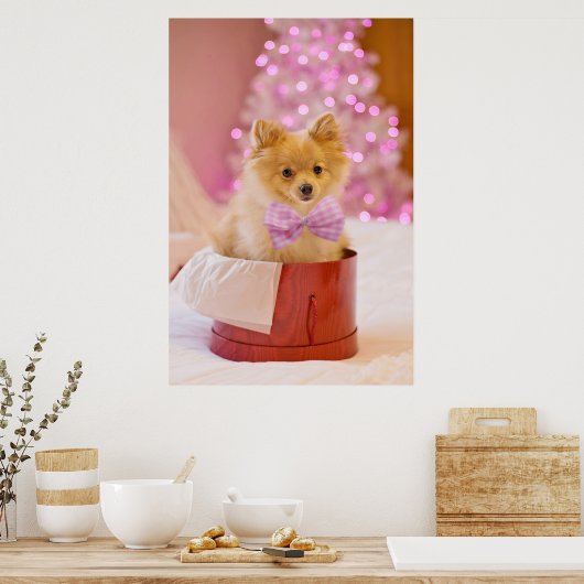 Cute Dog met Roze Bow-kerstfoto Poster (Keuken)