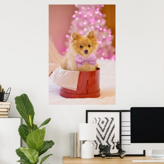 Cute Dog met Roze Bow-kerstfoto Poster (Thuiskantoor)