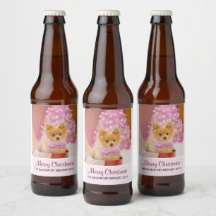 Cute Dog met roze kerstfoto's Bier Etiket