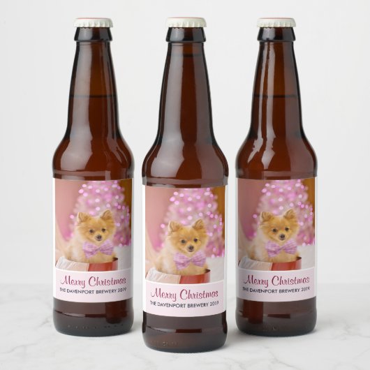 Cute Dog met roze kerstfoto's Bier Etiket (Flessen)